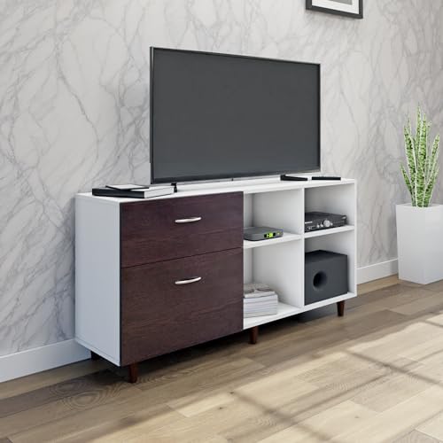 Image of VIKI Modern TV Unit for Living Room | Engineered Wood TV Cabinet with 2 Drawer Storage & 2 Open Shelves, Entertainment Unit, 140W x 74H x 40D cm | DIY | 1 Year Warranty (White & Wenge)