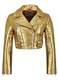 Damen-Biker-Metallic-Lederjacke kurz Geschnittener Body-Style aus echtem Lammfell 5625 (20 for Bust 98 cm, Metallic Gold)