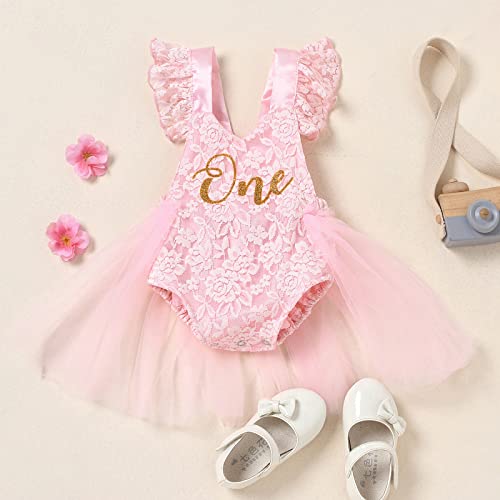 Baby Girl's 1St First Birthday Cake Smash Outfit Flutter Short Sleeve Lace Romper Tutu Tulle Dress Bodysuit With Crown Headband 2Pcs Clothes Set One Year Old Party Photo Shooting Props Pink 12-18M #TOP1