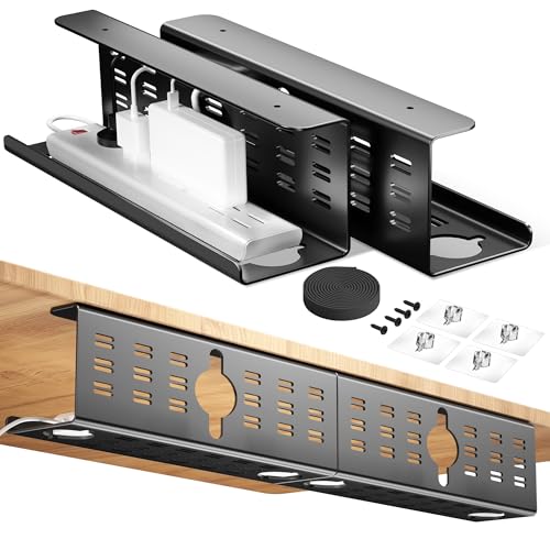 2 Pack Cable Management Under Desk Black, Cinati 32' Large Cable Management Tray, Under Desk Alloy Steel Wire Organizers, Cord Hider Tray for Office and Home - Tape or Screw Installation