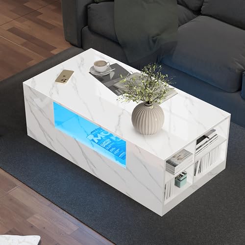 Blisswood High Gloss Coffee Table with Storage, Coffee Tables Wooden Centre Tea Table with Led RGB Lights 2 Drawer Storage and Open Shelf Rectangle Coffee End Table For Home Office Furniture