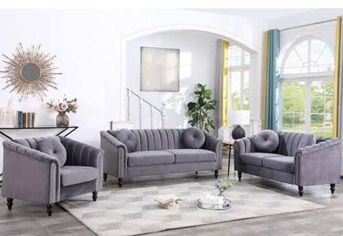 Chesterfield Sofa Velvet Couch Set, 3 Piece Living Room Sets