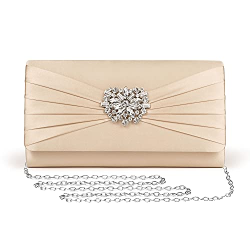 Image of Evening Bags For Women Pleated Satin Rhinestone Brooch Prom Clutch Purse With Detachable Chain Strap