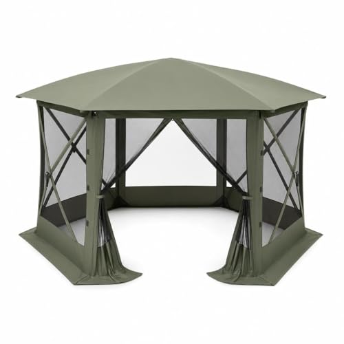 11.5x11.5FT Pop Up Canopy Tent 6 Sided Hexagon Screened Shelter with Mesh Windows, Portable Outdoor Gazebo Tent with Carry Bag, Stakes for Camping Backyard Lawn Patio by GarveeTech - Used condition - US$205.05