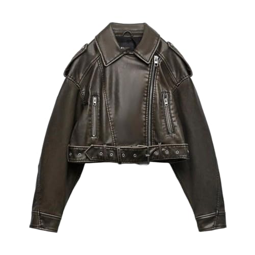 Image of M&Catree Womens Faux Leather Jacket Vintage Zip Up Moto Biker Short Coat Casual Lapel Long Sleeve Belted Biker Jackets Outerwear - Green, XL