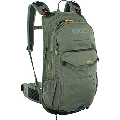 EVOC STAGE 12 technischer Fahrradrucksack, Backpack für Outdoor-Aktivitäten (AIR FLOW CONTACT System, verstellbare Schultergurte, Trinkrucksack mit Werkzeugfach, Trinkblasenfach), Dunkeloliv