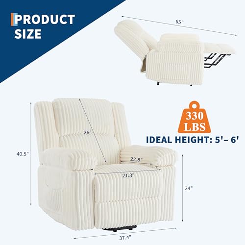 Image of Garvee Corduroy Recliner Chair, Manual Recliner Sofa with Handle, Pillow Top Arms, Thick Padding, Side Pocket, 330Lbs Capacity, Adjustable Recliner for Living Room, Bedroom, Home Theater, White