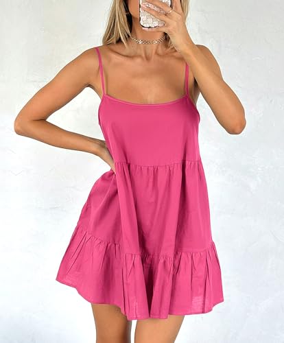 Image of Babydoll Dress for Women Spaghetti Strap Swing Dresses Sleeveless Short Flowy Dress Summer Loose Sundress