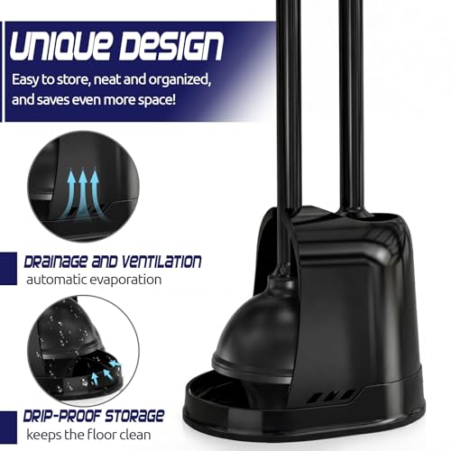 Reallnaive 4 Set Toilet Plunger and Brush Set with Ventilated Holder 2 in 1 Toilet Bowl Brush and Heavy Duty Plunger Combo Bathroom Cleaning Kit for Home and Commercial Bathrooms Drainage(Black) by Reallnaive - Image 3