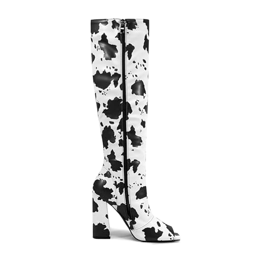 2025 Cow print Silver glitter knee high boots for women High heeled Peep toe side zipper big size Chunky heel boots4