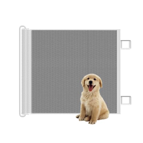 Cancelletto Cani, Senza Perforazione, Funzionamento a Una Mano recinzione per bambini a Rete retrattile con gancio adesivo, Cancello Scale per Bambini e Animali Domestici (Bianco, Larghezza 110cm)
