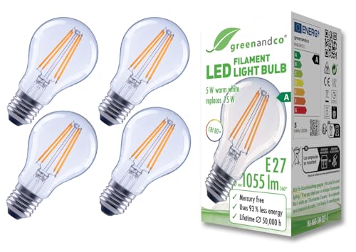 greenandco 4x bombilla de filamento LED | transparente | E27 A60 | 5W 1055lm | sustituye 75W | 2700K blanco cálido | 320° | 230V | sin parpadeo | Clase de eficiencia energética A | no regulable
