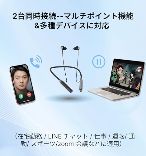 Hmusic ワイヤレスイヤホン bluetooth 首掛け ネックバンド型ブルートゥース5.4 イヤフォン 長時間バッテリー搭載 30H以上連続再生 ENCノイズキャンセリング通話 マイク付き 低遅延ゲーミングモード マルチポイント接続 IPX5防水 ぶるーとゅーすヘッドホン マグネット搭載 iPhone/Android対応 通学/通勤/仕事/スポーツ/web会議/ランニングには落ちない（黒） 商品画像6