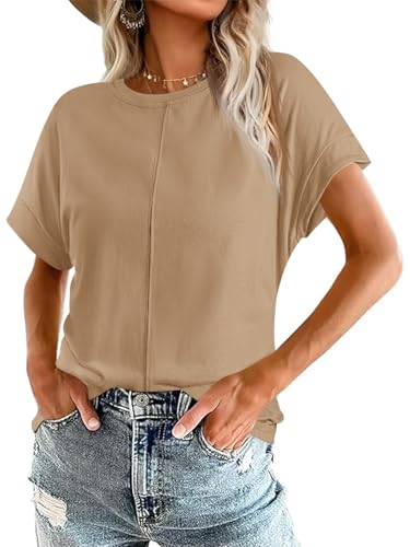 Imily Bela Womens Short Sleeve T Shirts Summer Crew Neck Dressy Casual Tops Basic Trendy Tees Khaki