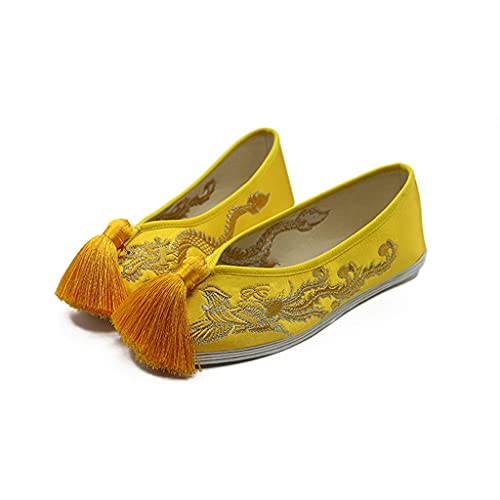 Vintage Women Flats Bride Shoes Chinese Wedding Satin Dragon Phoenix Embroidered Tassel Breathable Single Ballet Shoes Woman (Color : C, Size : 4 Code) (C 5 Code)