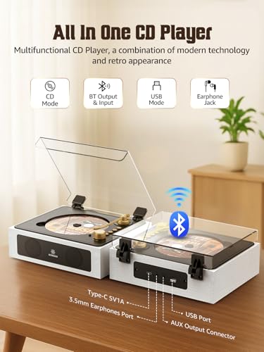 Image of CD Player with Built-in Stereo Speakers Portable Support Bluetooth Nostalgic CD Players for Home Headphone Jack