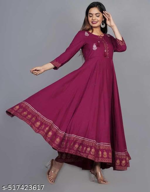 Image of Women's Printed Rayon Anarkali Kurti with 3 /4 Sleeves - Perfect for Festive, Party