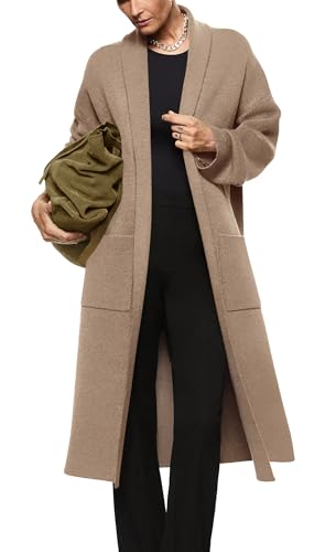 Image of Womens Long Sleeve Maxi Cardigan Open Front Oversized Knitted Sweater Coat Casual Lapel Warm Overcoat with Pockets