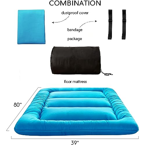 Image of MAXYOYO Japanese Floor Mattress Futon Mattress, Thicken Tatami Mat Sleeping Pad Foldable Roll Up Mattress Boys Girls Dormitory Mattress Pad Kids Floor Lounger Couches and Sofas, Turquoise, Twin Size