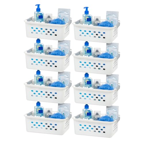IRIS USA 8-Pack, Small Plastic Storage Basket, White | Organize pantry items, office supplies, crafts, accessories, and household essentials with easy-carry storage for shelves