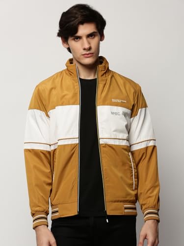 Image of SHOWOFFFF Men Colourblocked Bomber Jacket | Mock Collar Full Sleeves Nylon Jacket for Mens | Slim Fit Regular Length Jacket for Men's