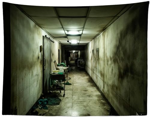 Loccor Abandoned Hospital Tapestry Dark Psychiatric Hospital Corridor Halloween Haunted Asylum Tapestry Horror Halloween Escape Room Theme Party Decorations Horror Home Decor 60''x40''