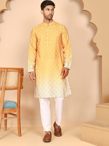 Image of Jompers Thread Work & Lequin Embellilhed Printed Kurta Let for Men (Mustard, L)