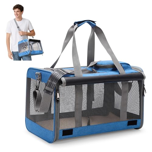 ALLSOPETS Trasportino Pieghevole per Gatti e Cani Fino a 9 kg, Borsa Morbida Traspirante con Tappetino Lavabile e Tracolla, per Viaggi Auto Aereo e Visite Veterinarie (Azzurro Cielo)