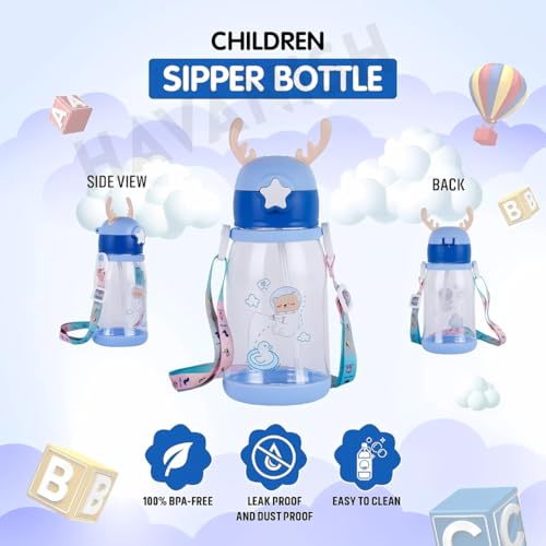 Image of Antlers BPA Free Reusable Leak Proof Silicon Transparent Water Bottle 600ml with Strap for Kids School- Pack of 2 (Blue & Green)