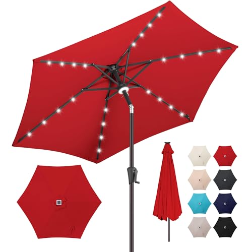Image of 10ft Solar Patio Umbrella - Outdoor Umbrella with Centre Surround Light 24 LED Lights, Market Table Umbrella with Tilt for Pool, Porch, Garden, Deck, Backyard UV Protection (Red)