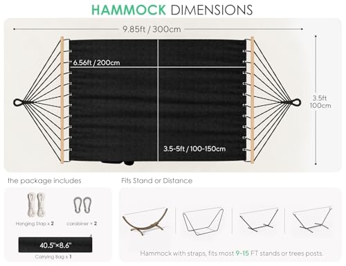 Angchiluo Hammock for Outside, Double Hammocks Without Stand, 2 Person, Spreader Wooden Bar, Side Storage, for Outdoor, Indoor, Patio (Black)