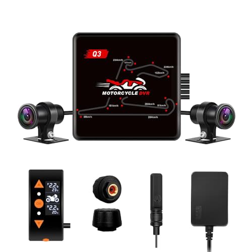 VSYSTO Motorcycle Dash Cam, OLED Display Wired Controller, WiFi, Parking Monitoring, GPS, Tire Pressure Sensors, Waterproof HD 1080P 150° Wide Angle Front & Rear Camera