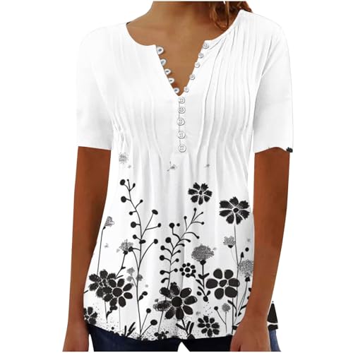 SMIDOW ladies tops and blouses summer Summer Tops For Women 2026 Trendy Boho Floral Print Tunic Shirts Short Sleeve Button v Neck Tshirt Casual Loose Blouse womens clothes summer 2026 White 3X