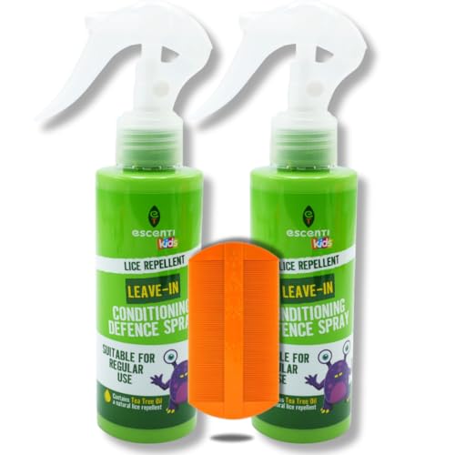 Escenti Head Lice Defence Kit 2X Kids Leave in Conditioner Spray 125ml with Tea Tree for Lice Prevention and BVO Luxe Nit Comb for Tangle Free Hair