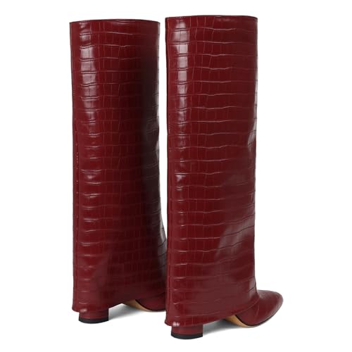 Lyrisiphy Knee High Slouchy Boots Women Fold Over Chunky High Heeled Wide Calf Boots Pointed Toe Shark Casual Tall Boots with Half Side Zipper4