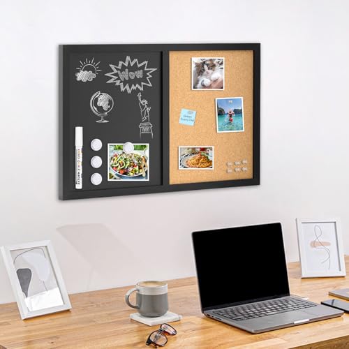 4 THOUGHT Chalkboard Corkboard Combo, 24\" x 16\" Bulletin Board Magnetic Chalkboard for Wall Combination Board Black Frame Double Use Chalk Board Cork Board 1 Marker 4 Magnets 10 Pushpins