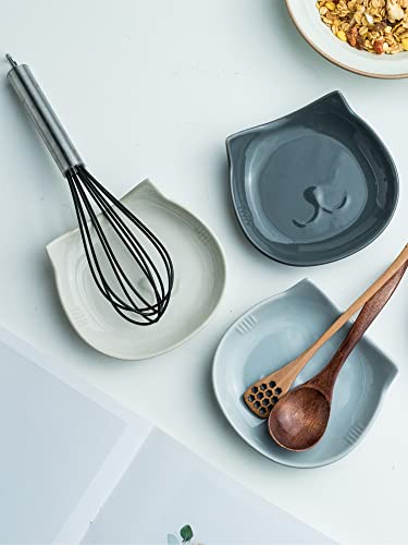 Miamolo Cat Spoon Rest for Stove Top, Cute Spoon Holder for Kitchen Counter 5.12 Inch, Ceramic Spoon Rest for Cooking Utensils Spatula Sponge, White