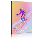 カラフルなスキーヤーキャンバスウォールアートモダンスキーアートワークペインティングポスター冬のリビングルームベッドルーム20x35cmインナーフレームの鮮やかな雪景色壁の写真