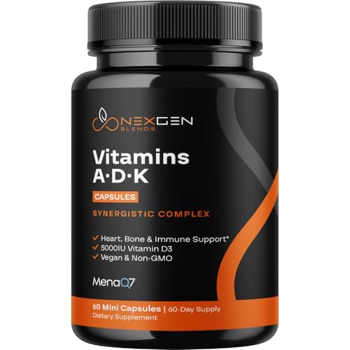 High Absorption ADK Vitamin Supplement - Vegan Vitamin D3 K2 MK7 & A for Calcium Regulation plus Bone Heart Thyroid & Immune Support - Vitamin ADK with 5000IU D3 Non GMO & Gluten Free (2 Months)