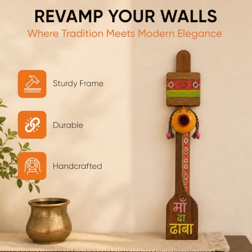 Image of Aakriti Art Creations Kitchen Decor inchMaa ka Dhaba inch Handcrafted in Wood, Madhubani Art Wooden Wall Hanging Panel Set of 1, Natural Brown Wall Decor Panel | Matte Finish Wooden Wall Art