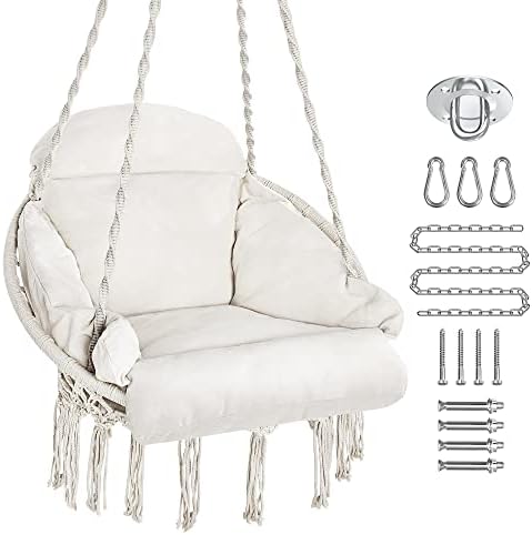 PUREKEA Hammock Chair, Macrame Hanging Swing Chair with Large Padded Cushion and Hardware Kits, Max 330 Lbs, Hanging Cotton Rope Chair for Indoor, Outdoor, Bedroom, Patio, Porch, Garden (Beige)