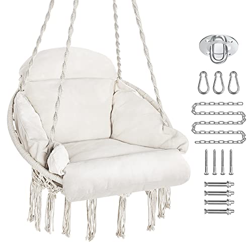 Purekea Hammock Chair, Macrame Hanging Swing Chair With Large Padded Cushion And Hardware Kits, Max 330 Lbs, Hanging Cotton Rope Chair For Indoor, Outdoor, Bedroom, Patio, Porch, Garden (Beige) #TOP14