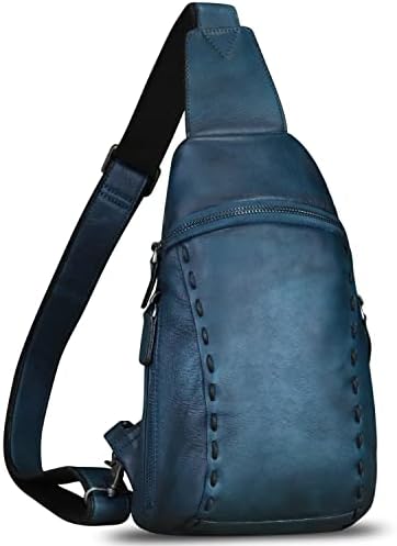 Genuine Leather Sling Bags Hiking Backpacks Fanny Pack Vintage Handmade Crossbody Chest Daypack Shoulder Bag (NavyBlue) Medium