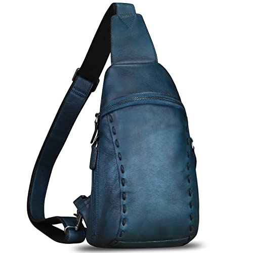 Genuine Leather Sling Bags Hiking Backpacks Fanny Pack Vintage Handmade Crossbody Chest Daypack Shoulder Bag (Navyblue) Medium #TOP9