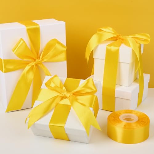 Image of Mauproy 1-1 /2 Inch Wide Yellow Satin Ribbon, 50 Yards Solid Polyester Fabric Ribbon for Roses Making, Gift Wrapping, Flower Bouquets, Wedding Decorations, Handmade Crafts