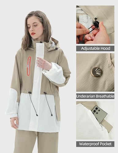 RAINFREEM Regenanzug für Damen, wasserdichte Regenjacke und Hose mit reflektierender Spitze, Regenbekleidung für alle Sportarten, Anti-Sturm, Khaki, Medium