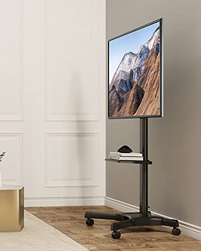 Fitueyes Mobile Tv Cart For 32 To 65 70 Inch Tvs, Tall Rolling Tv Stands With Tilt Function, Black Portable Floor Tv Stand With Wheels, Height Adjustable Shelf & Lockable Casters, Holds Up 88Lbs #TOP6