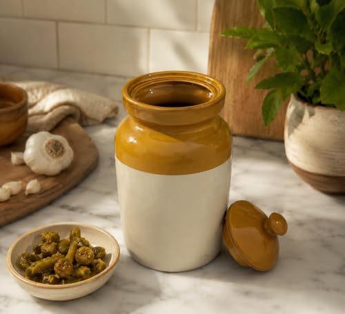 Image of Pure Source India Ceramic Pickle Jar with Lid | Airtight Ceramic Storage Container for Pickles, Chutney, Spices & Dry Snacks | Glossy Handmade Kitchen Storage Jar (3, litres)