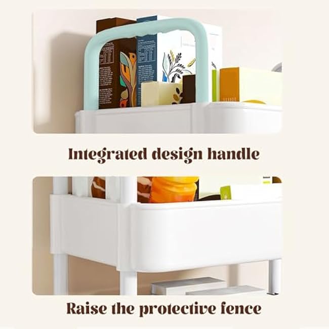 3 Tier Rolling Cart Large Capacity Storage Cart on Wheels Hollow-Out Basket Snack with Dual Handle Rolling Utility with 4 Hooks for Kitchen/Bedroom/Study/Bathroom White-4r6aQP4o
