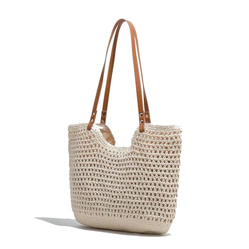 LEIDAXIA Cotton Fibre Crochet Beach Tote Bag for Vacation,Bohemian Cotton Hobo Shoulder Bag Casual Woven Purse for Women (Beige Shoulder Bag - 3)
